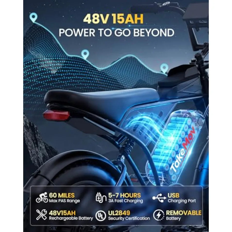 Electric bike for adults: 1500/2000W peak 33/40MPH 60/80 miles range NFC password unlock 48V 15/25Ah removable UL 2849 battery