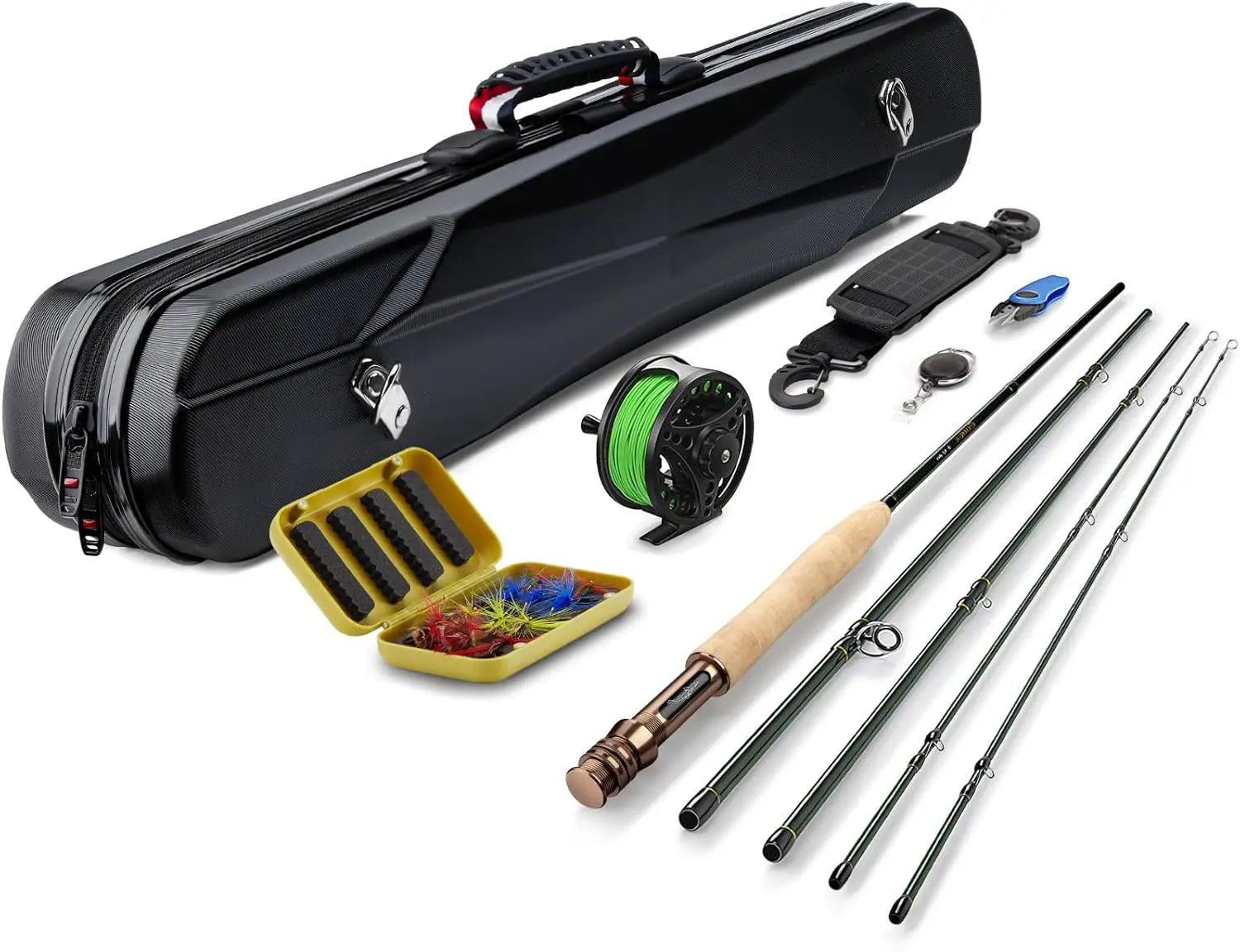 Fly Fishing Rod/Reel Combo Starter Kit, Carbon Fiber 4-Piece Rod, Aluminum Reel, Flies, Line, Case - Lightweight Portable