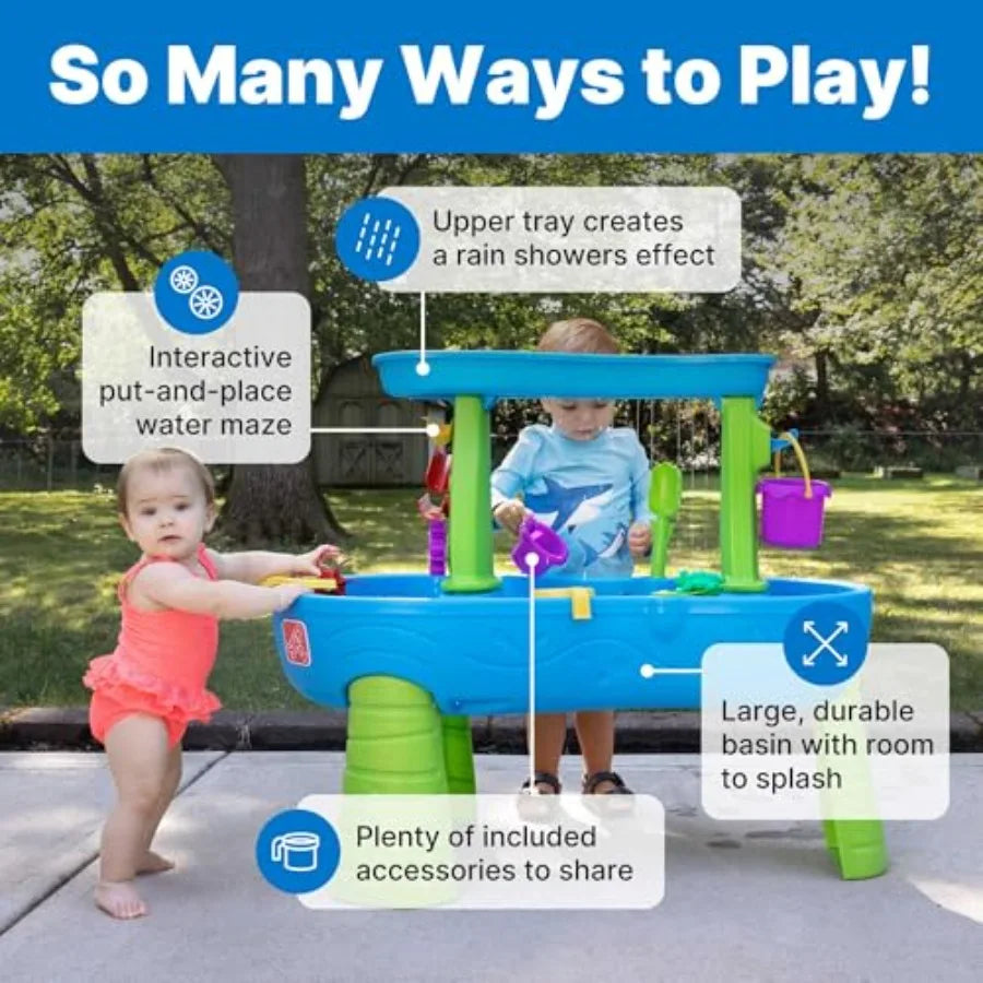 Outdoor water table sensory playset for toddlers 1.5+ years: blue green splash pond with rain showers sand/water activity 13-pi
