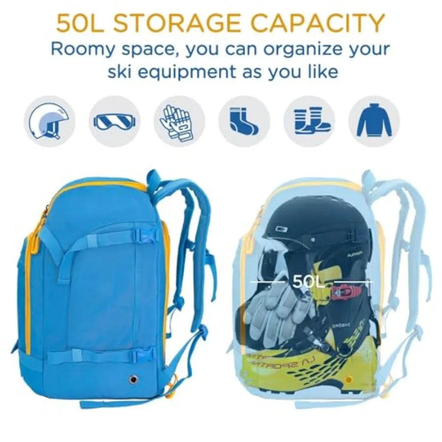 Ski Boot Bag Backpack - 50L Snowboard Boot Bag for Air Travel for Snow Boots Ski Helmet Gloves Goggles Skiing Gear