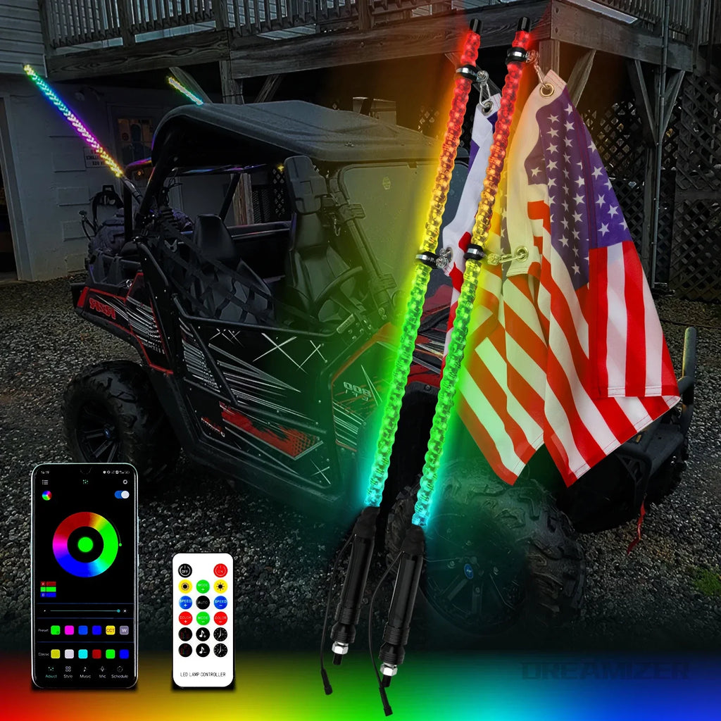 3FT LED Whip Light With App Remote Control, Spiral RGB Chasing Music Whip Light for UTV ATV RZR Can-Am SXS Polaris Offroad Truck