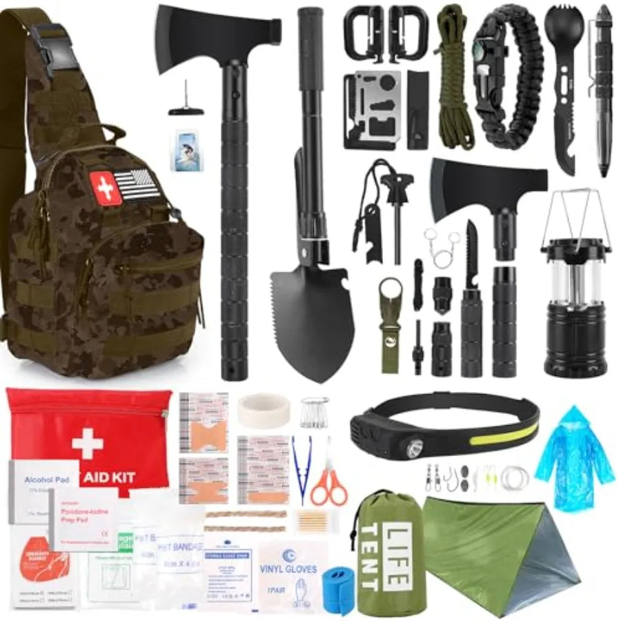 Survival Kit 268 Pcs Emergency Survival Gear and Equipment Supplies with First Aid Kit Hiking, Camping, Axe, Headlamp with Crossbody Bag.