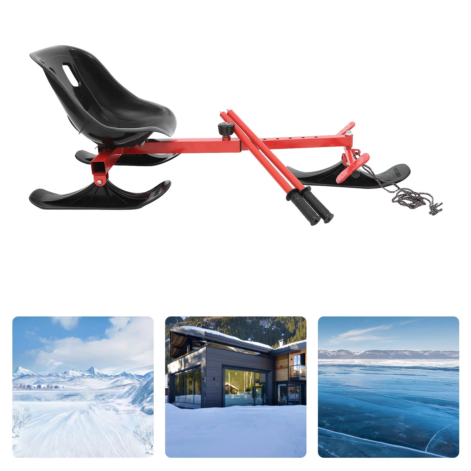 Dual-Use Snow & Ice Scooter Red & Black, 198.42lb Load, Adjustable Length - Outdoor Snowy Mountain/Lake/Backyard Skiing Tool