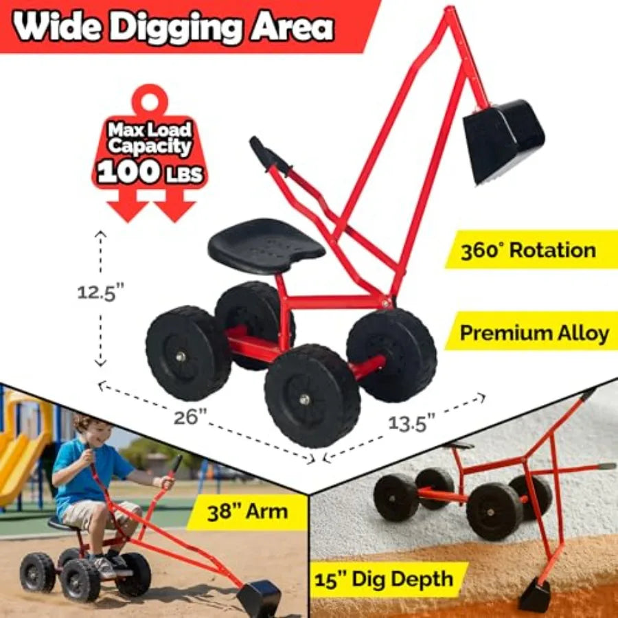 Beach and sandbox digging toy for kids: metal sand digger with 360 rotation ride-on excavator backhoe in yellow durable outdoor