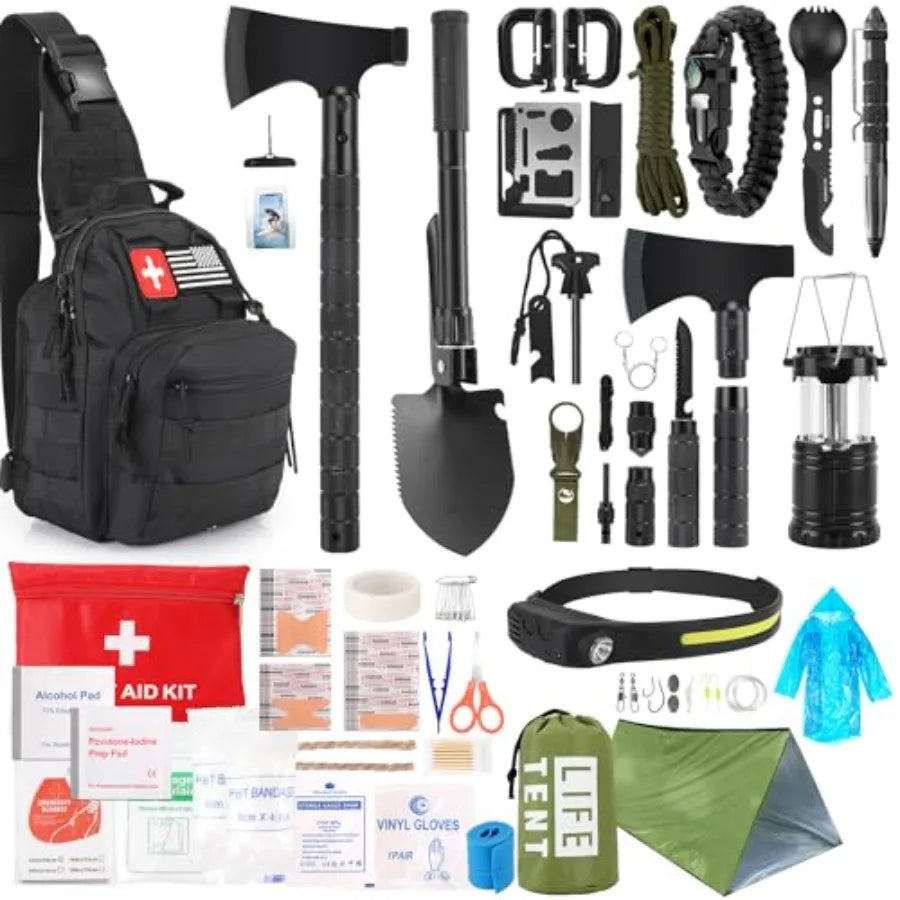 Survival Kit 268 Pcs Emergency Survival Gear and Equipment Supplies with First Aid Kit Hiking, Camping, Axe, Headlamp with Crossbody Bag.
