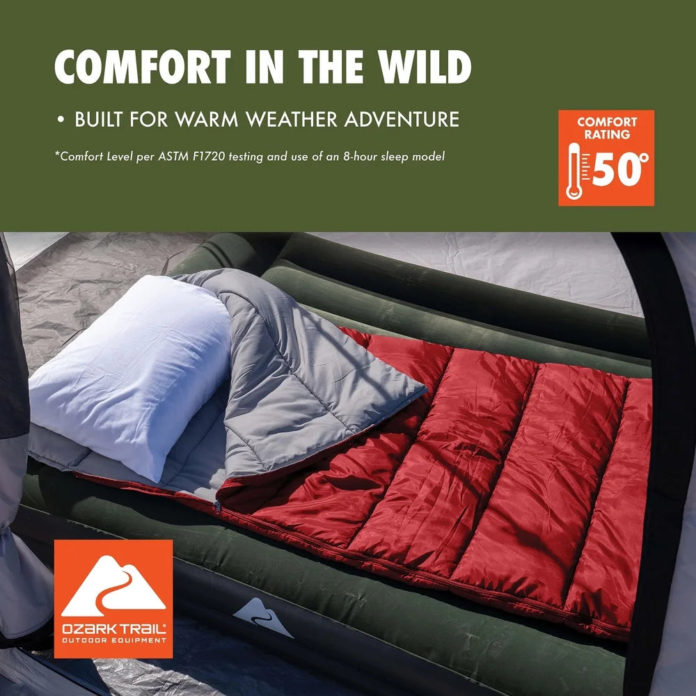 50F Warm Weather Sleeping Bag, Compact, Lightweight Camping Quilted Insulated Polyester Fabric