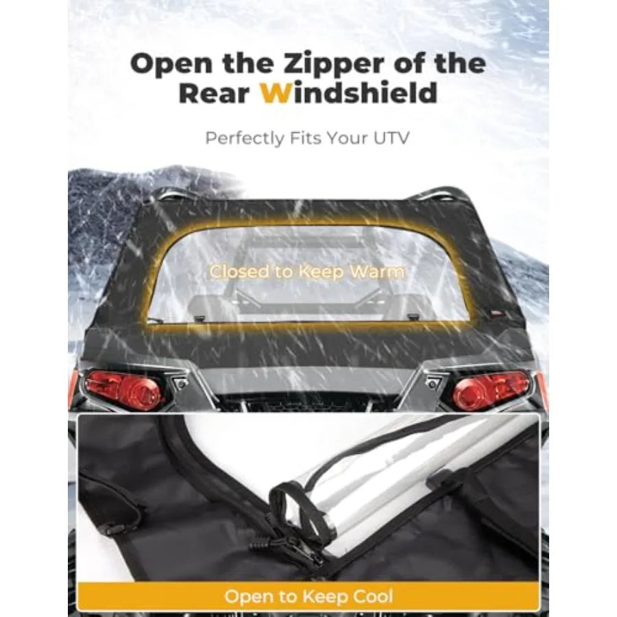 UTV Rear Windshield with Zipper Window - Soft Waterproof 2-in-1 Compatible with Polaris RZR 570 RZR Trail 570 2014 800 S 800 900.