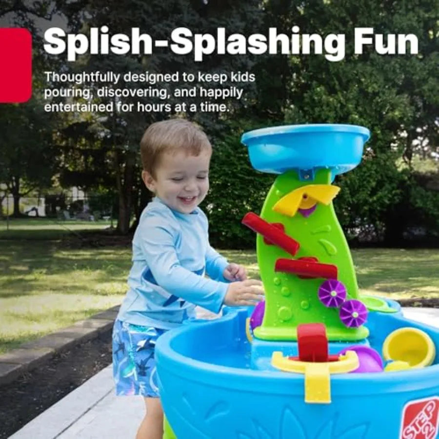Outdoor water table sensory playset for toddlers 1.5+ years: blue green splash pond with rain showers sand/water activity 13-pi