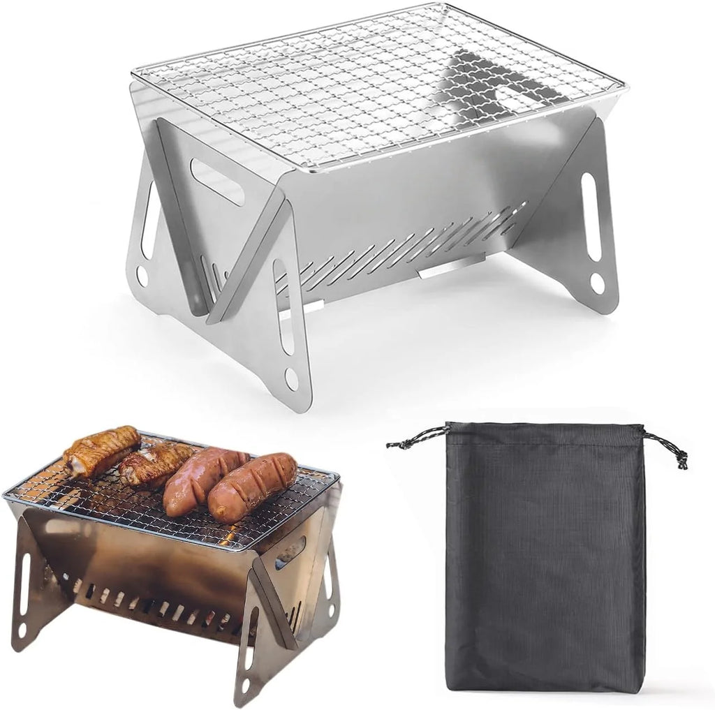 Backpacking Stove Folding Stainless Steel Charcoal Grill BBQ Wood Burning Camp Stove for Hiking Picnic Garden Backyard Cooking