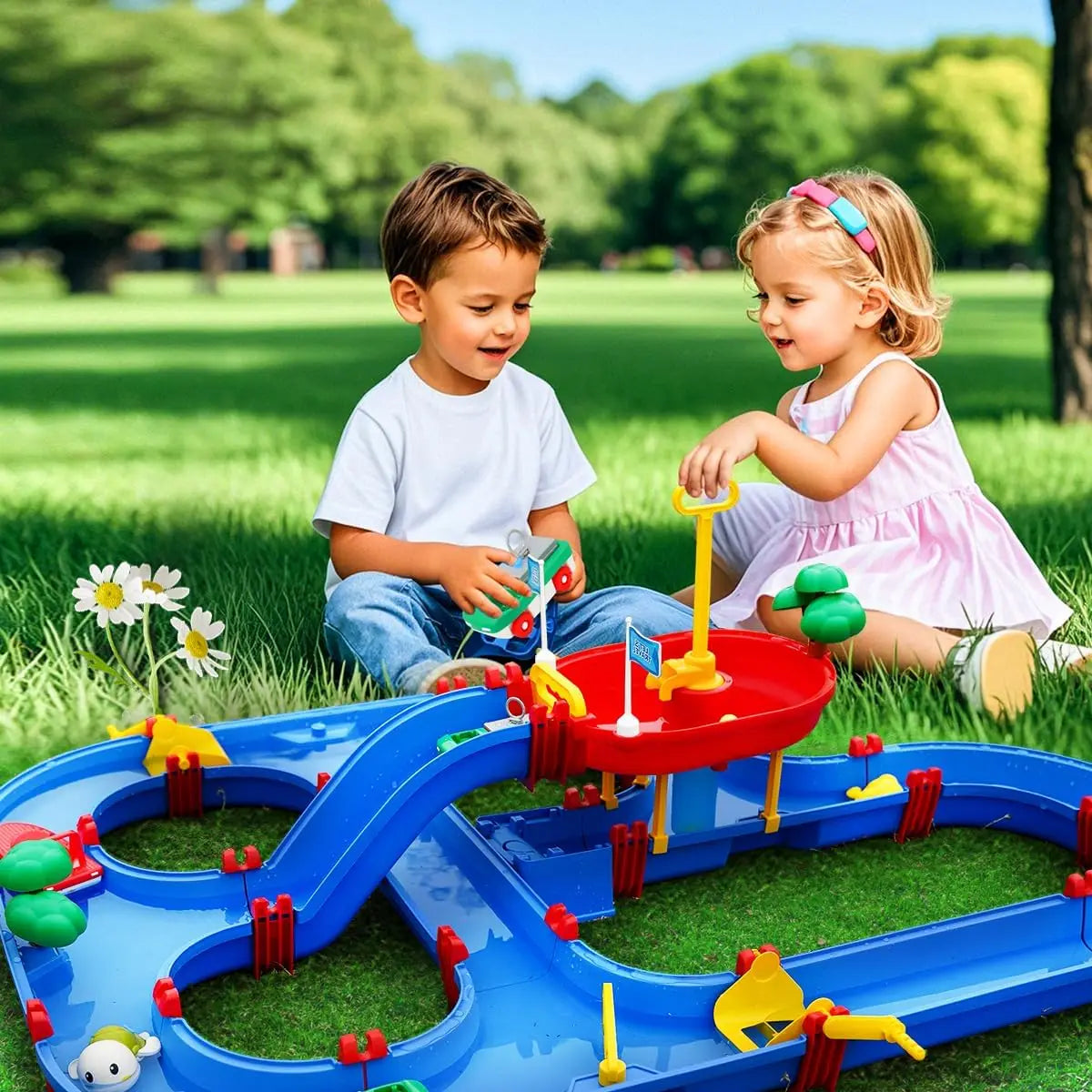 Summer Outdoor Kids Water Table 2-Tier Toddlers Water Table Playset Pool Waterway Toy with Pump Outside Activity Kids Fun