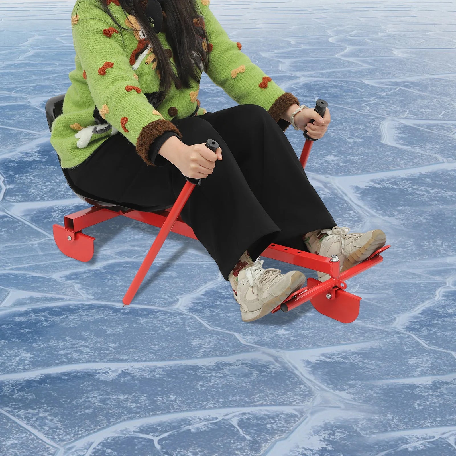 Dual-Use Snow & Ice Scooter Red & Black, 198.42lb Load, Adjustable Length - Outdoor Snowy Mountain/Lake/Backyard Skiing Tool