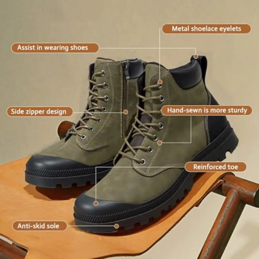 Men's Hiking Boots Rugged Leather, Combat Style Lace Up w/Side Zipper, Durable Outsole for Outdoor Trekking and Trail.
