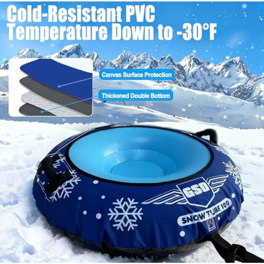 44in Heavy-Duty Inflatable Snow Tube for Adults & Kids, Winter Snow Sled with Premium Canvas Cover, Smooth Bottom, Cold-Resistant.