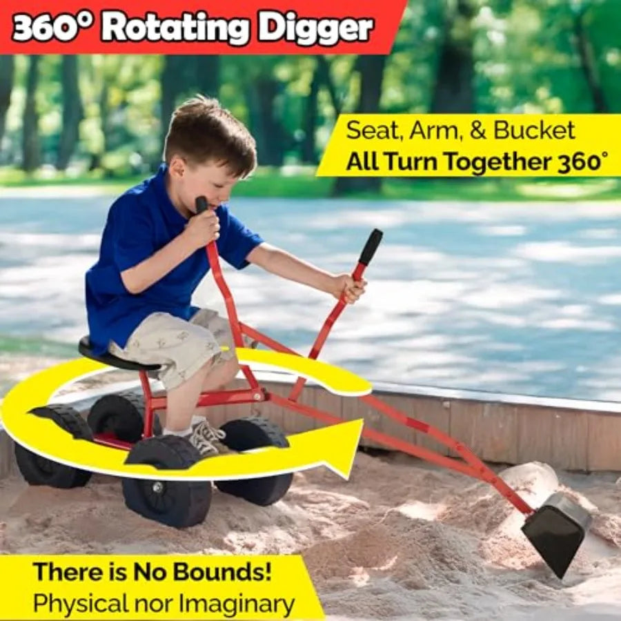 Beach and sandbox digging toy for kids: metal sand digger with 360 rotation ride-on excavator backhoe in yellow durable outdoor