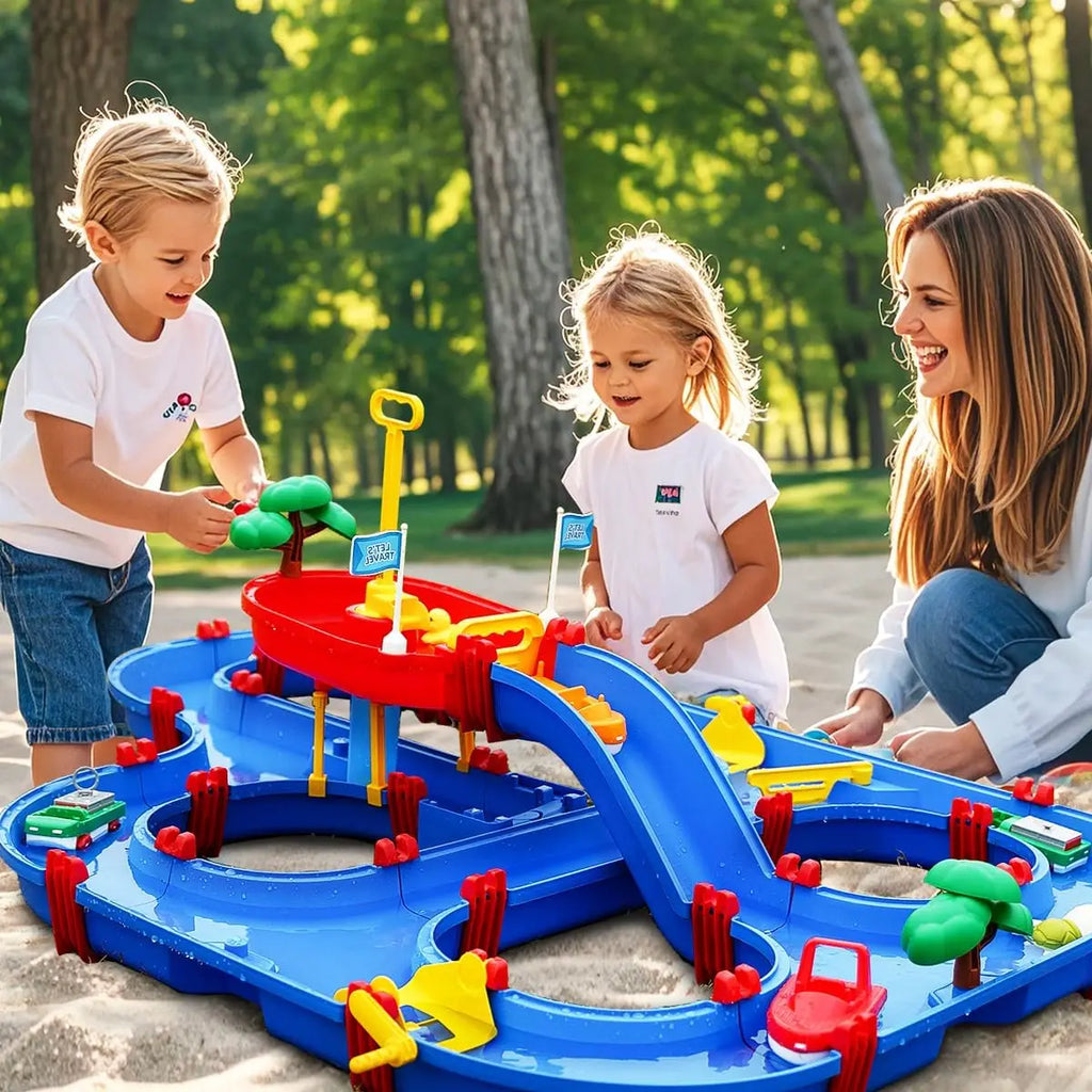 Summer Outdoor Kids Water Table 2-Tier Toddlers Water Table Playset Pool Waterway Toy with Pump Outside Activity Kids Fun