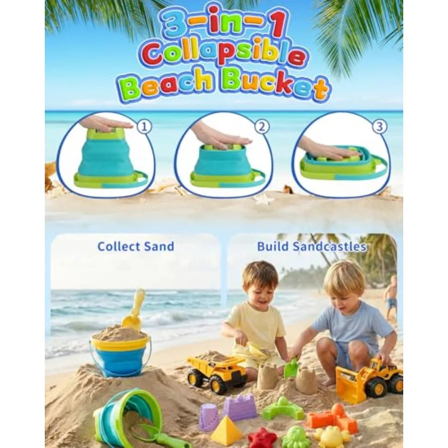 30PCS Beach Toys for Ages 3-10, All-in-One Sand Toy Set with 2 Collapsible Buckets, Mesh Bag for Easy Packing, Trucks, Sea Anim