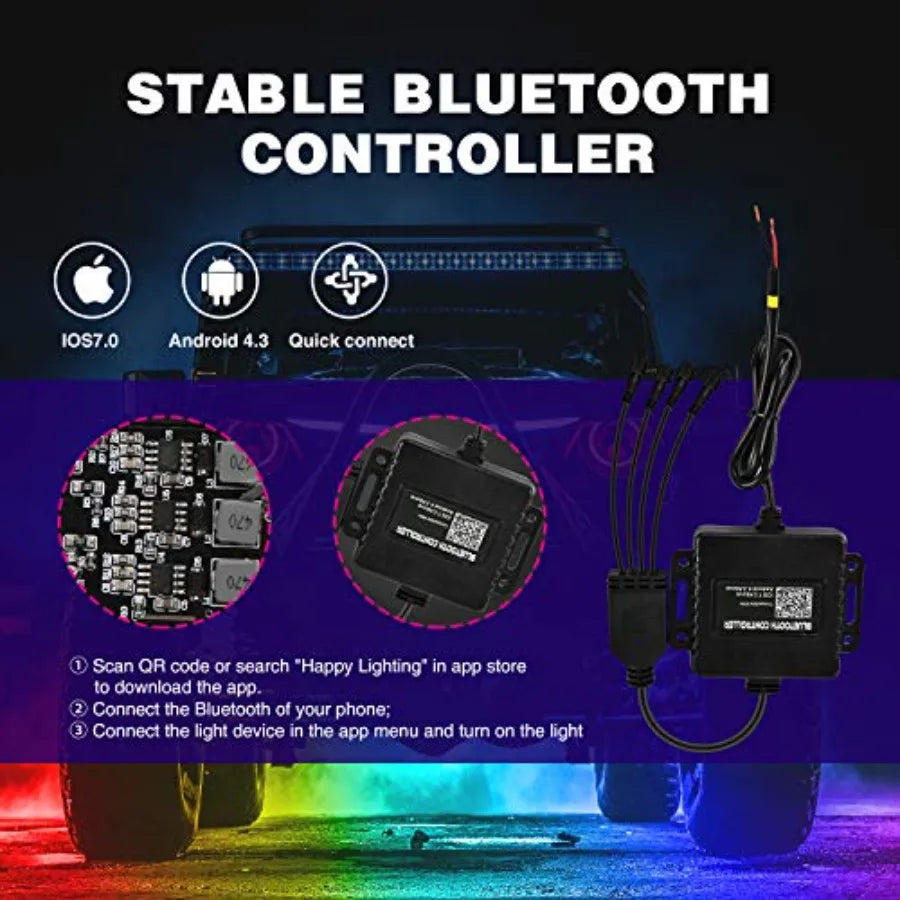 RGB LED Rock Lights Kit with 4 Pods for Truck,  ATV/UTV, RZR or SUV Under Glow Multicolor Neon Light Pod Featuring Bluetooth App Control.