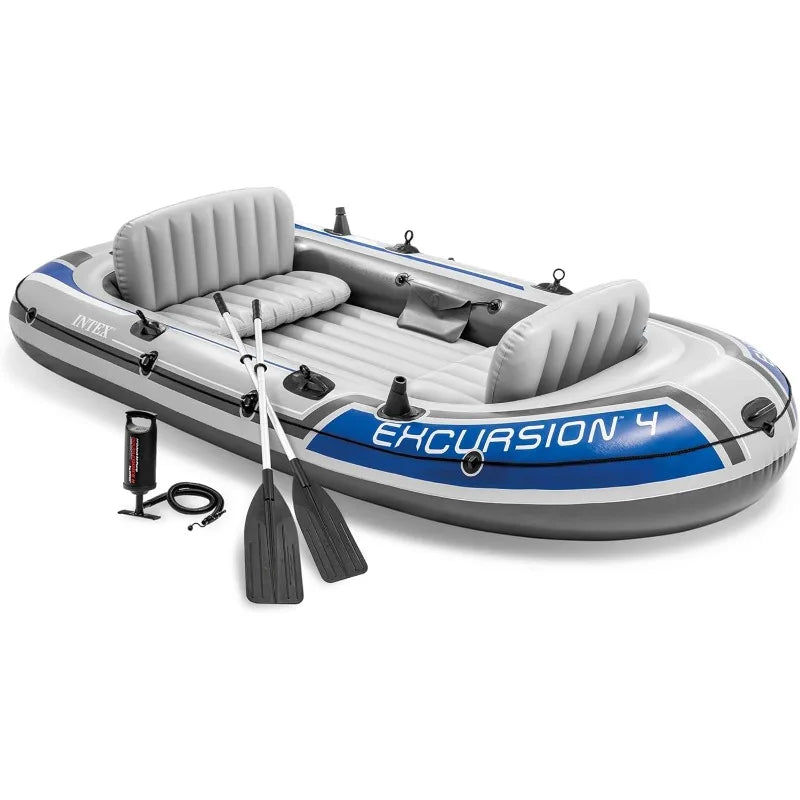 Intex 68324EP Excursion 4 Inflatable Boat Set: Includes Deluxe 54in Boat Oars and High-Output Pump – Adjustable Seats