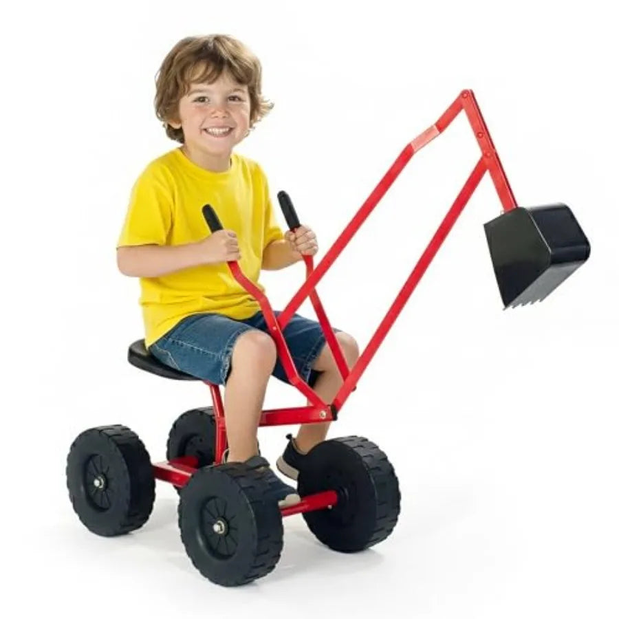 Beach and sandbox digging toy for kids: metal sand digger with 360 rotation ride-on excavator backhoe in yellow durable outdoor