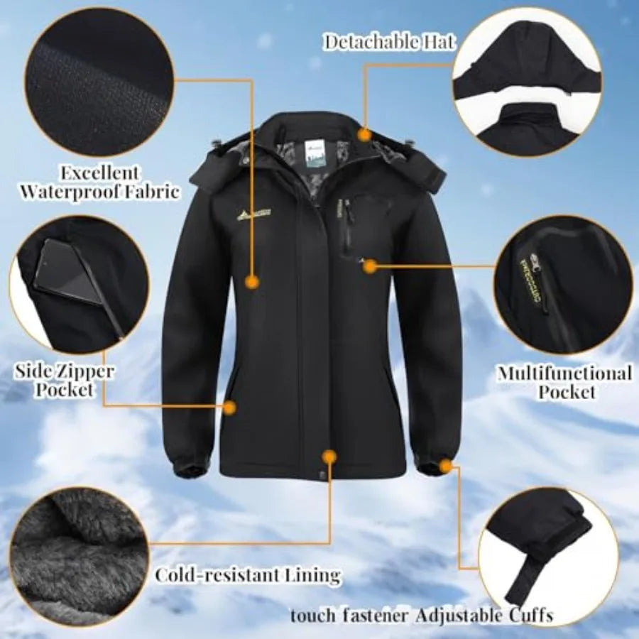 Women's Waterproof Ski Jacket Winter Snow Coat Mountain Windbreaker Jacket with Ski Goggles Winter Gloves Waterproof
