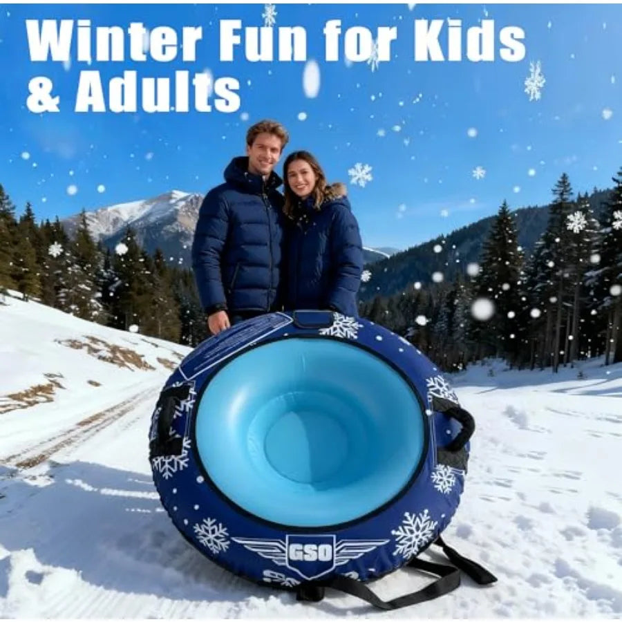 44in Heavy-Duty Inflatable Snow Tube for Adults & Kids, Winter Snow Sled with Premium Canvas Cover, Smooth Bottom, Cold-Resistant.