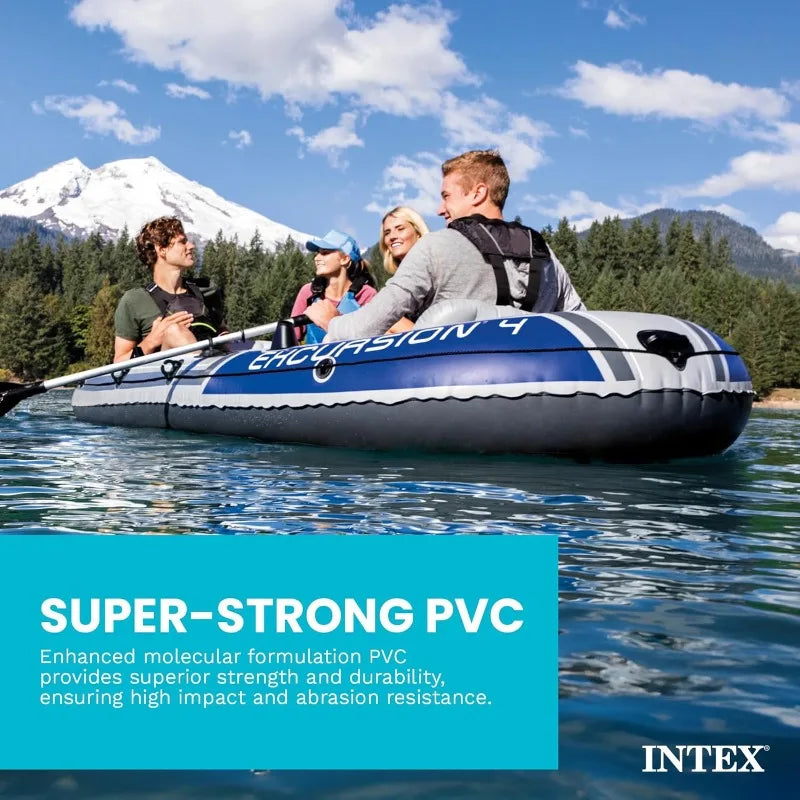 Intex 68324EP Excursion 4 Inflatable Boat Set: Includes Deluxe 54in Boat Oars and High-Output Pump – Adjustable Seats