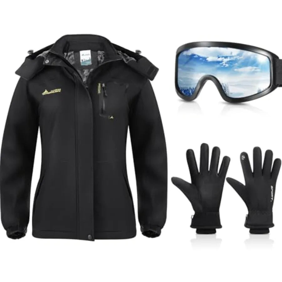 Women's Waterproof Ski Jacket Winter Snow Coat Mountain Windbreaker Jacket with Ski Goggles Winter Gloves Waterproof