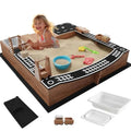 Outdoor backyard cedar wood sandbox for kids with sand play theme brown color includes 2 toy buckets 3 reinforced benches magne