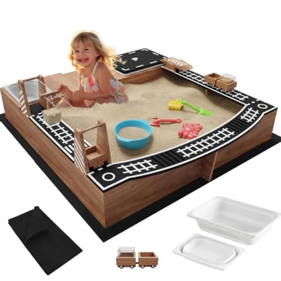 Outdoor backyard cedar wood sandbox for kids with sand play theme brown color includes 2 toy buckets 3 reinforced benches magne