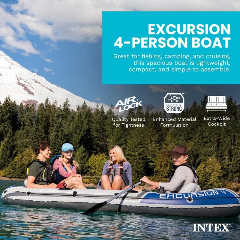 Intex 68324EP Excursion 4 Inflatable Boat Set: Includes Deluxe 54in Boat Oars and High-Output Pump – Adjustable Seats
