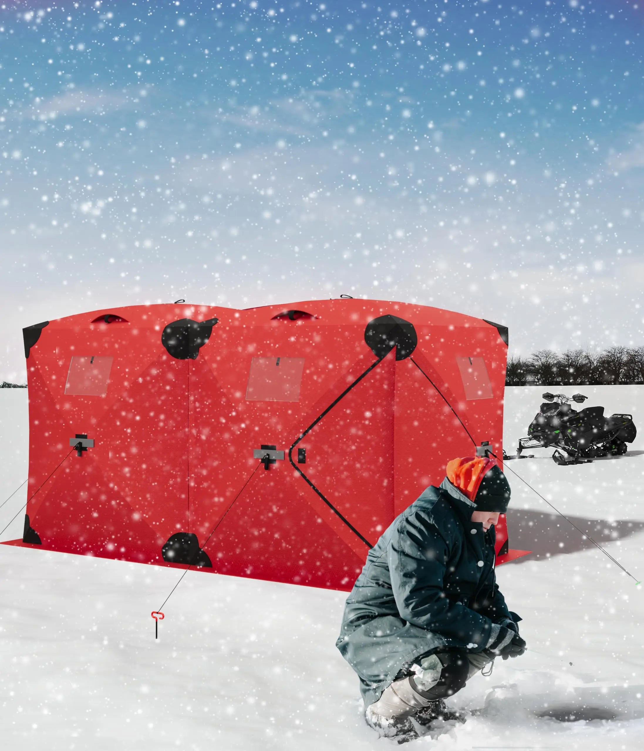Pop Up Ice Fishing Tent Insulated Ice Fishing Shelter Portable Hub-Style Shelter Shanty Windproof and Warm, Multiple Sizes for 3-4 Person, Red, 6x6x6.6 Ft
