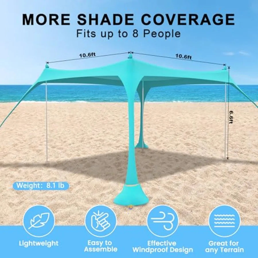 Beach Tent Sun Shelter 10X10FT UPF50+ w/4 Aluminum Foldable Poles, Easy Setup Outdoor Shade Canopy.