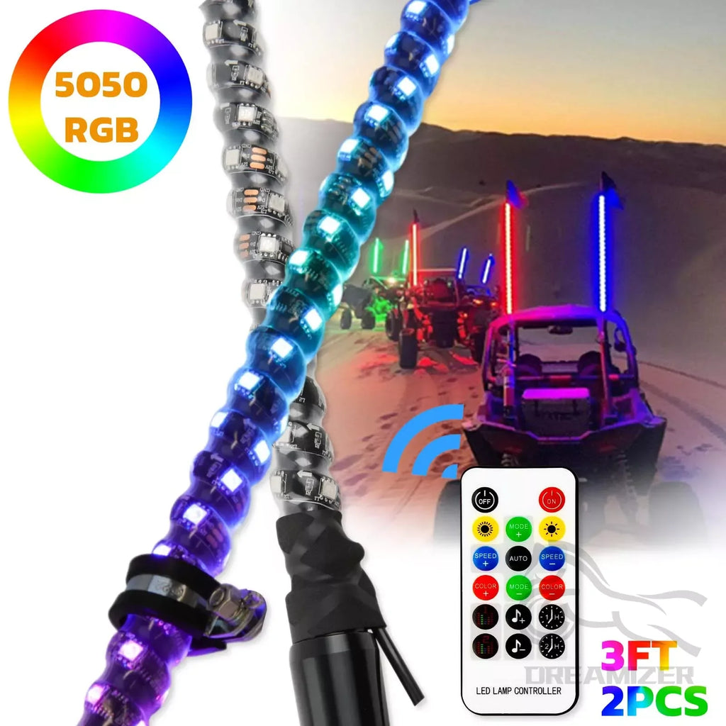 3FT LED Whip Light With App Remote Control, Spiral RGB Chasing Music Whip Light for UTV ATV RZR Can-Am SXS Polaris Offroad Truck