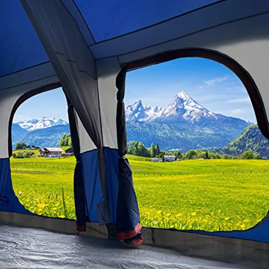 12 Person Cabin Tent 2 Room Extra Large Straight Wall Camping Tents Waterproof Windproof with Top Rainfly 6 Large Mesh Windows