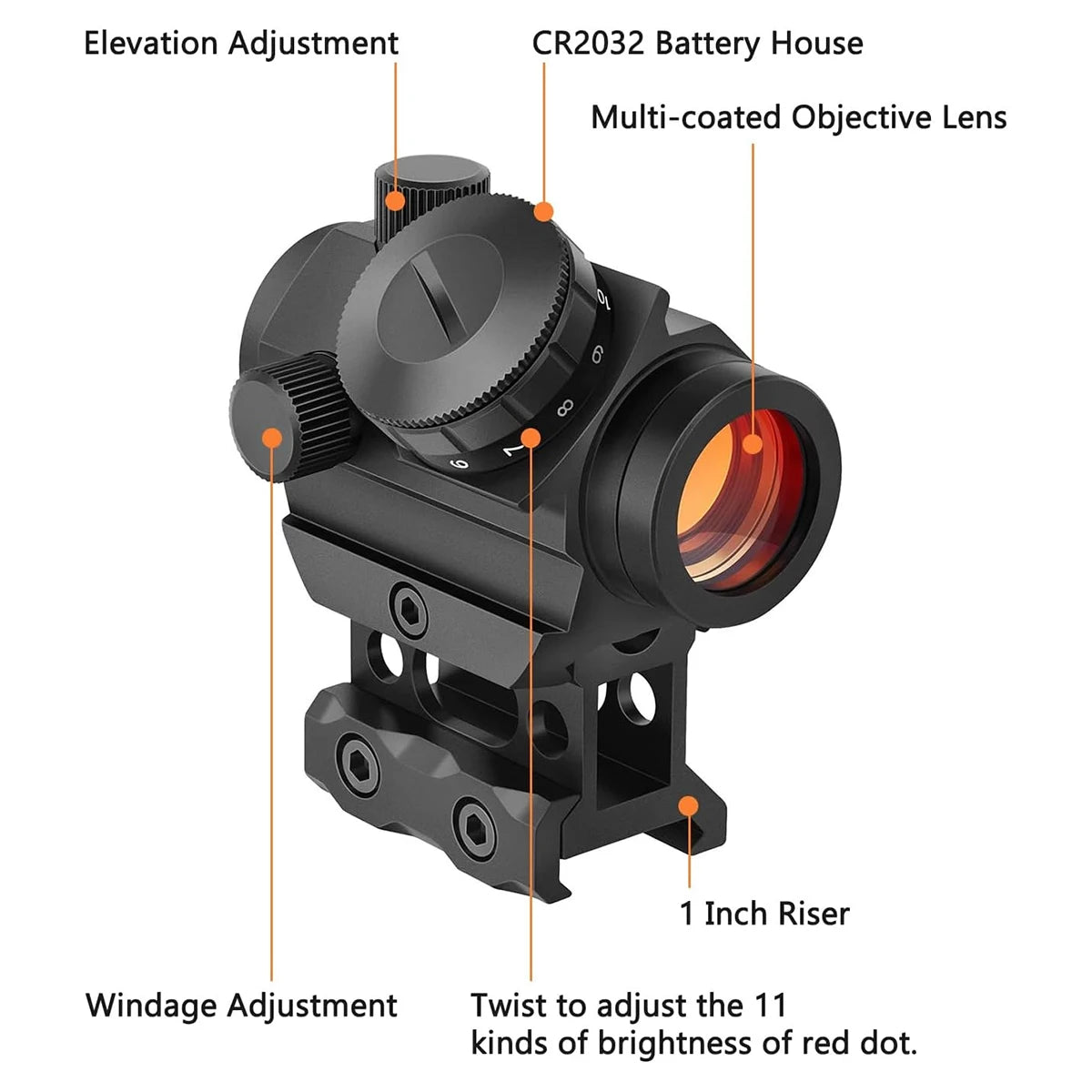 2MOA Red Dot Sight 1x25mm Reflex Sight Waterproof, Shockproof & Fog-Proof Red Dot Scope w/1 inch Riser Mount