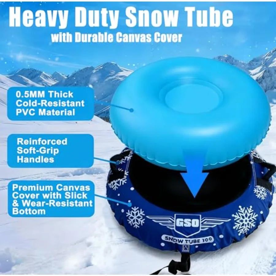 44in Heavy-Duty Inflatable Snow Tube for Adults & Kids, Winter Snow Sled with Premium Canvas Cover, Smooth Bottom, Cold-Resistant.