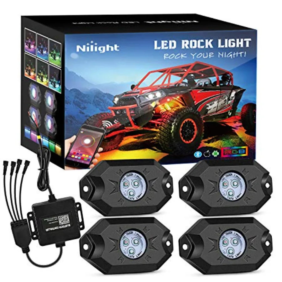 RGB LED Rock Lights Kit with 4 Pods for Truck,  ATV/UTV, RZR or SUV Under Glow Multicolor Neon Light Pod Featuring Bluetooth App Control.