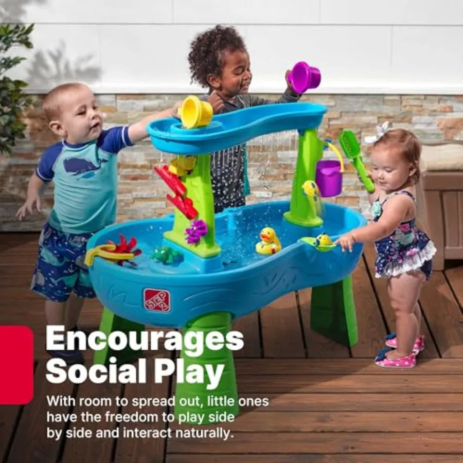 Outdoor water table sensory playset for toddlers 1.5+ years: blue green splash pond with rain showers sand/water activity 13-pi