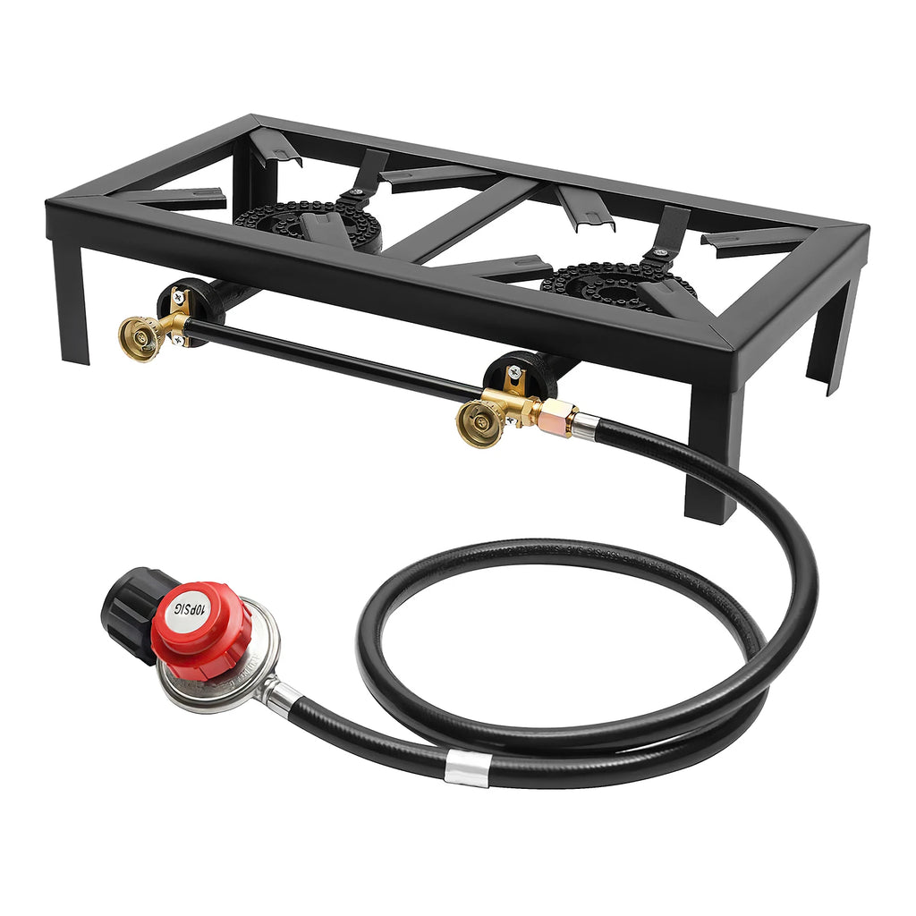 8000W Portable Double Burner Outdoor Gas Stove Propane Cooker with Adjustable 0-10Psi Regulator Hose for Patio Camping, BBQ