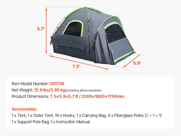 Pickup Truck Tent for Camping, Waterproof PU2000 Truck Bed Camper Shell, Truck Bed Tent w/Double Layer Design Windows