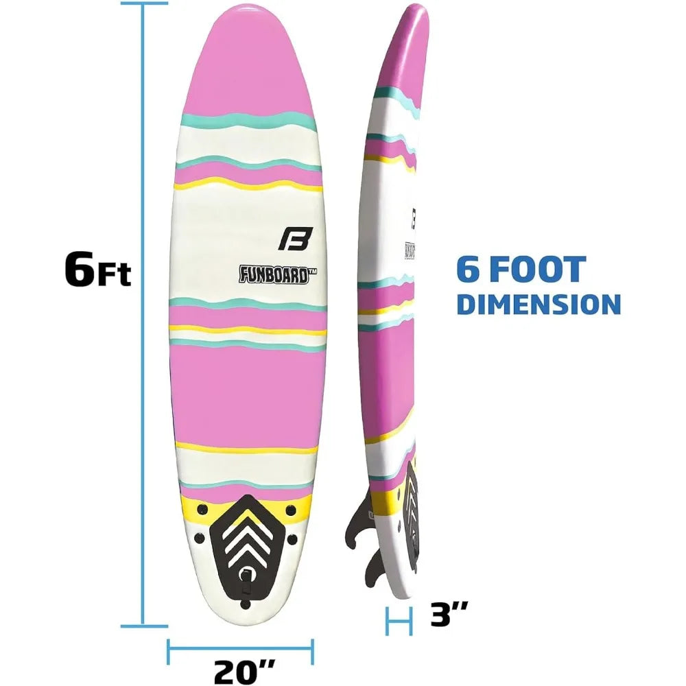 6’ FUNBOARD Surfboard Softboard Foam - Include (3) Fins 6’ Foot Leash and (2) Wood Stringers - Kids