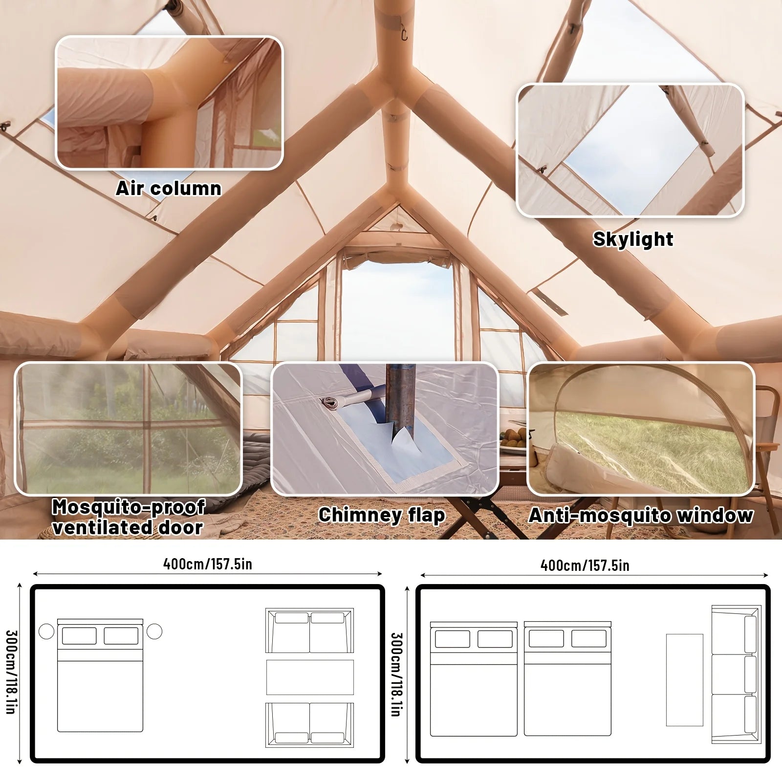 Large Inflatable Camping Tent w/Skylight, Mesh Design, Summer Glamping Tent