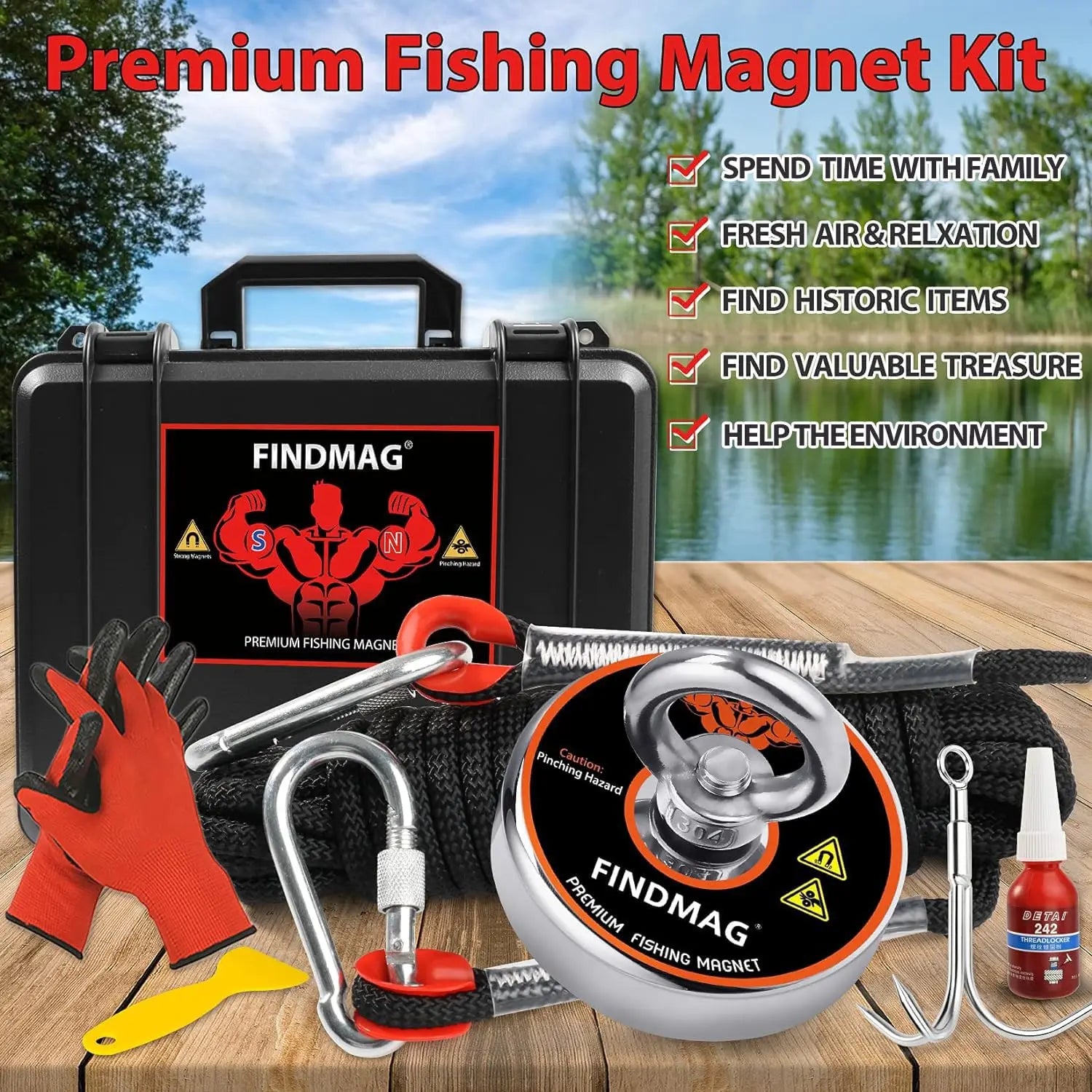 1000 LB Fishing Magnet Kit w/Waterproof Case, Rope & Accessories