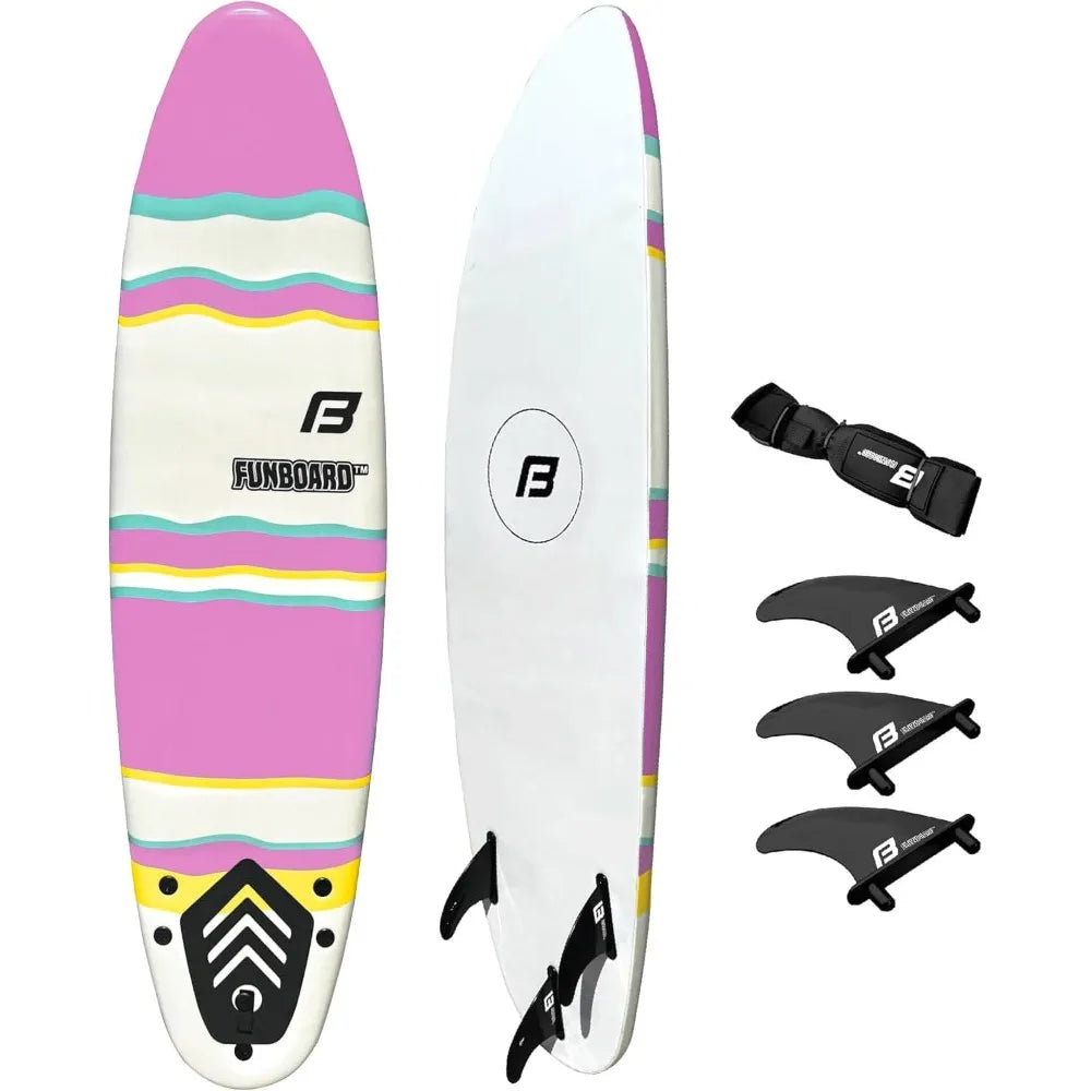 6’ FUNBOARD Surfboard Softboard Foam - Include (3) Fins 6’ Foot Leash and (2) Wood Stringers - Kids