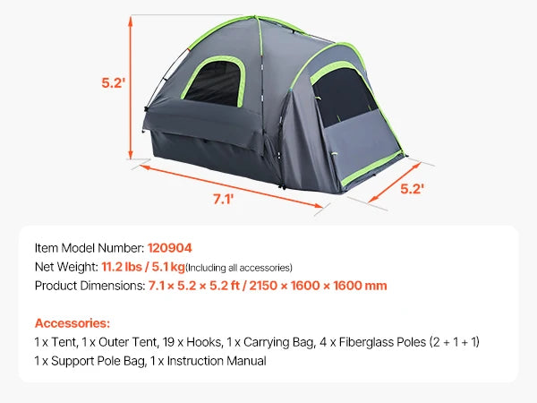 Pickup Truck Tent for Camping, Waterproof PU2000 Truck Bed Camper Shell, Truck Bed Tent w/Double Layer Design Windows