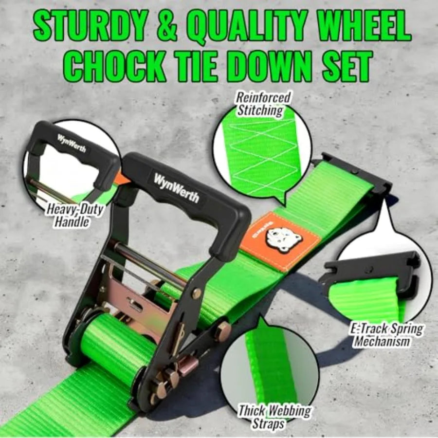 Wheel Chock Tie Down Straps Kit for Trailers, E-Track, Heavy-Duty Wheel Tie-Down Set for Lawn UTV ATV's SUV Mowers and Tractors.