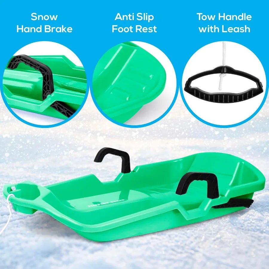 Flexible Toddler Plastic Snow Sled with Built-in Brake System and Pull Rope for Downhill Riding Blue