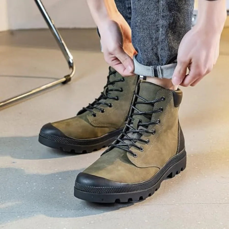 Men's Hiking Boots Rugged Leather, Combat Style Lace Up w/Side Zipper, Durable Outsole for Outdoor Trekking and Trail.