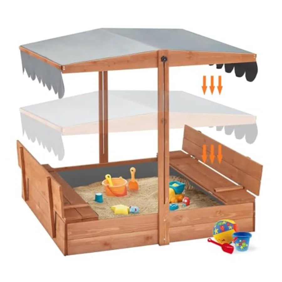 Outdoor wooden sandbox with lid for kids ages 2-8 natural wood finish UV-resistant adjustable roof foldable benches bottom line