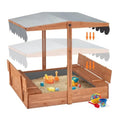 Outdoor wooden sandbox with lid for kids ages 2-8 natural wood finish UV-resistant adjustable roof foldable benches bottom line